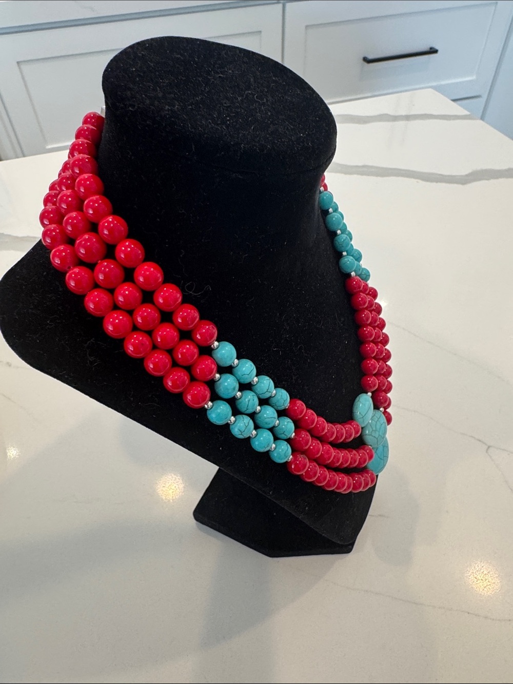 Red and Turquoise Multi-Strand Beaded Necklace - Women Jewelry - Picture 3 of 5